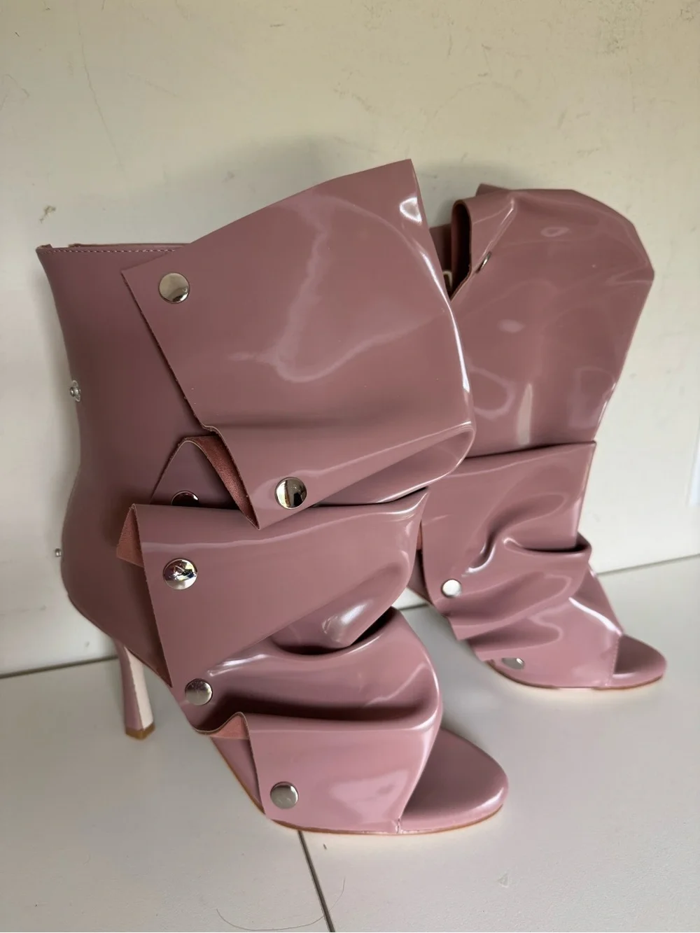 Ruffled Open-Toe Ankle Bootie in Dusty Rose